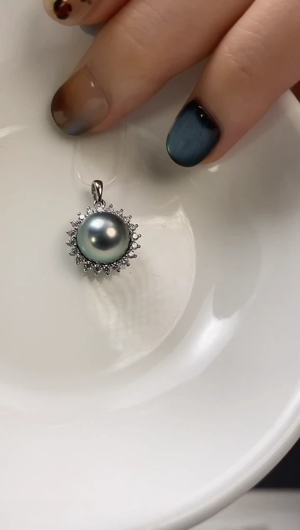 吊坠(不含链)银S925镶嵌海水珍珠大溪地黑珍珠吊坠9-10