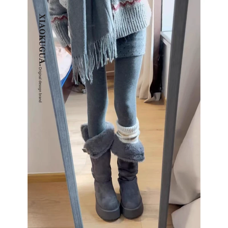 灰色长筒雪地靴女2025新款冬季加绒厚底中筒靴子保暖毛毛雪地棉鞋
