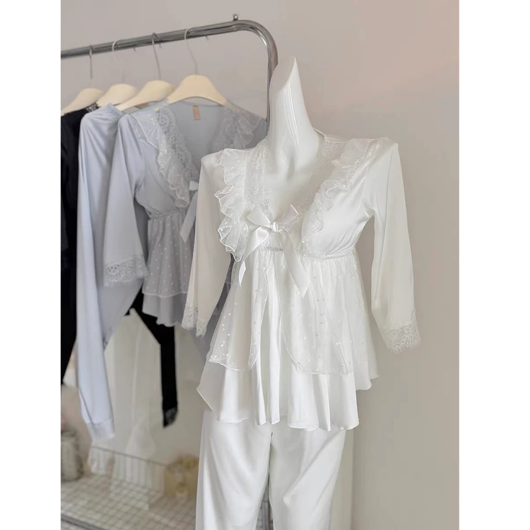 【白月美人】法式纯欲风睡衣长裤套装带胸垫性感深V蕾丝网纱家居服