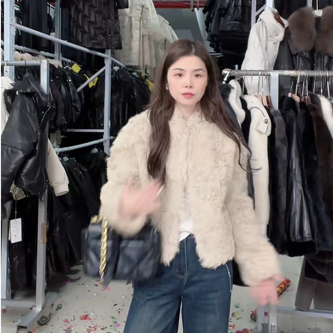 【8853】小湖羊皮毛一体翻领气质简约皮草外套女