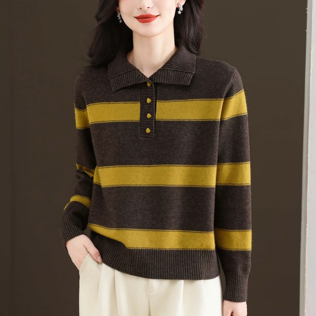 翻领套头毛衣女2025秋冬新款保暖针织上衣时髦撞色条纹百搭打底衫