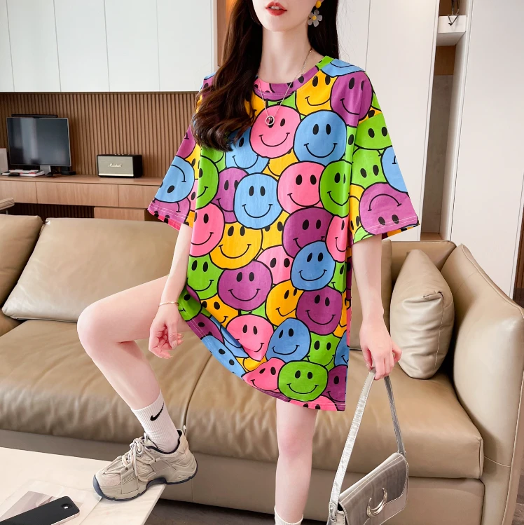 2025夏季新款笑脸印花大码短袖T恤时尚宽松百搭