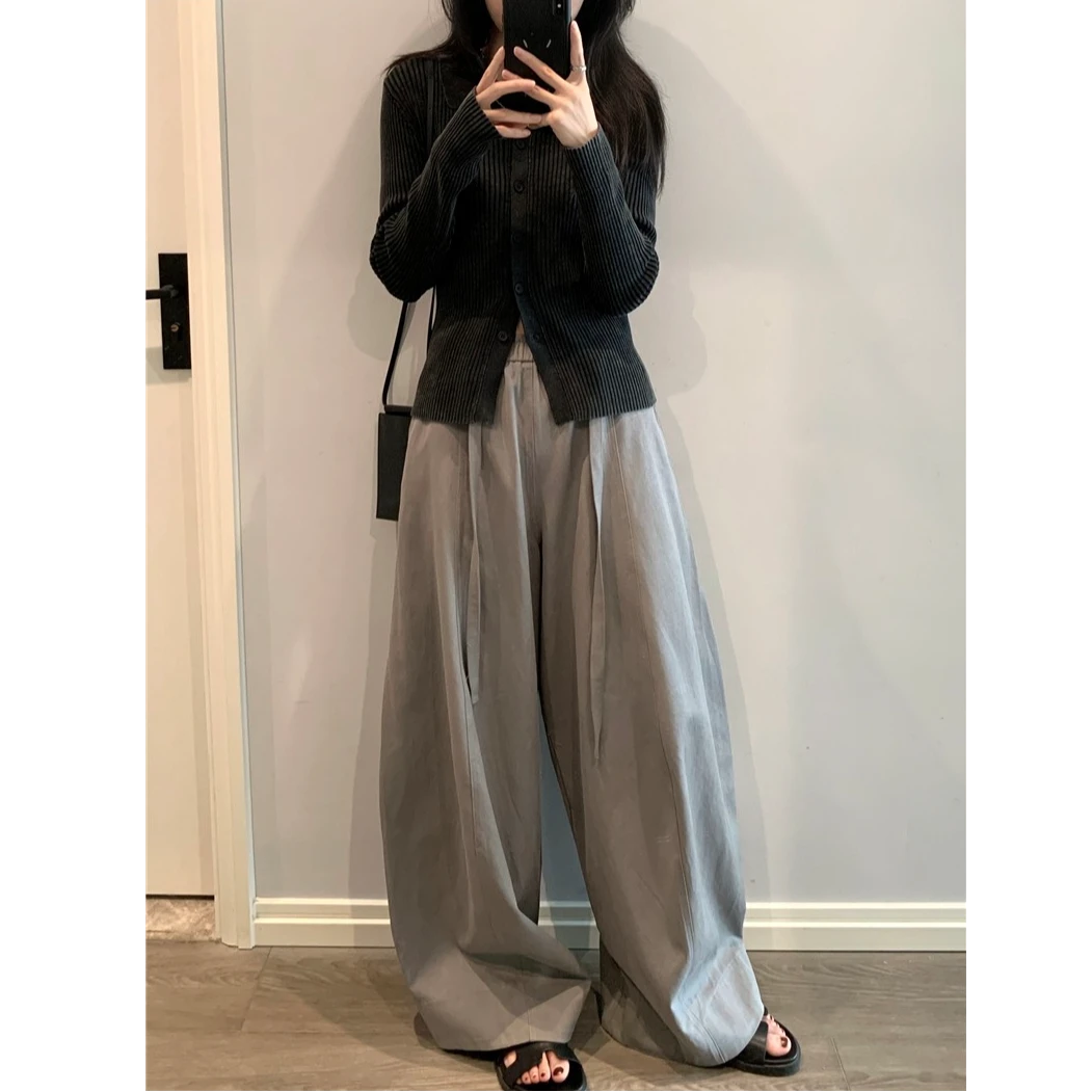 2025新款裤子女松紧腰系带阔腿裤宽松直筒垂感弯刀裤松弛感休闲裤