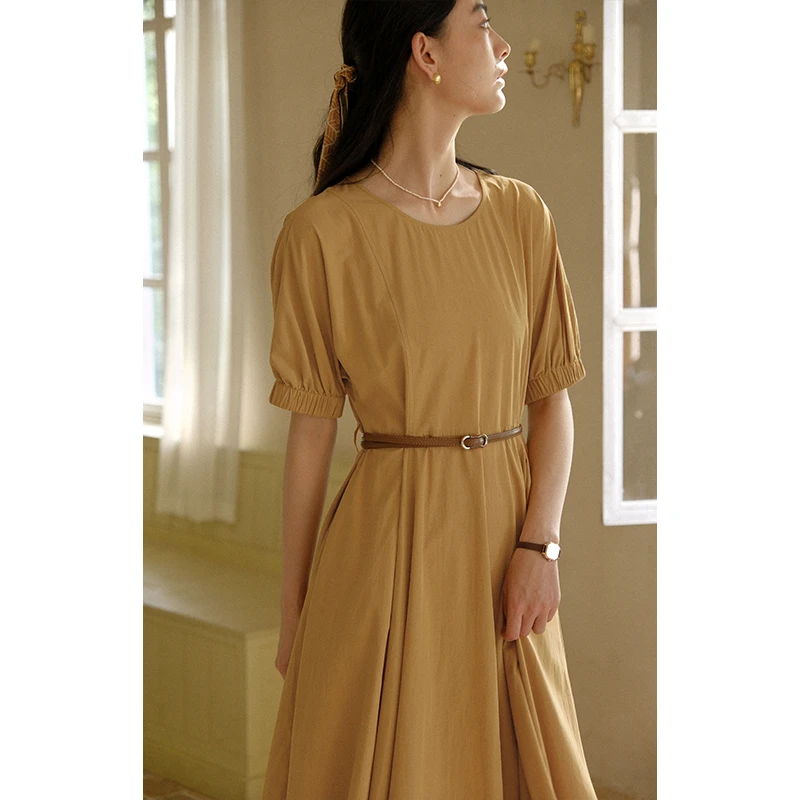 solighter 法式圆领短袖收腰连衣裙复古气质长裙子5G0427L12XX