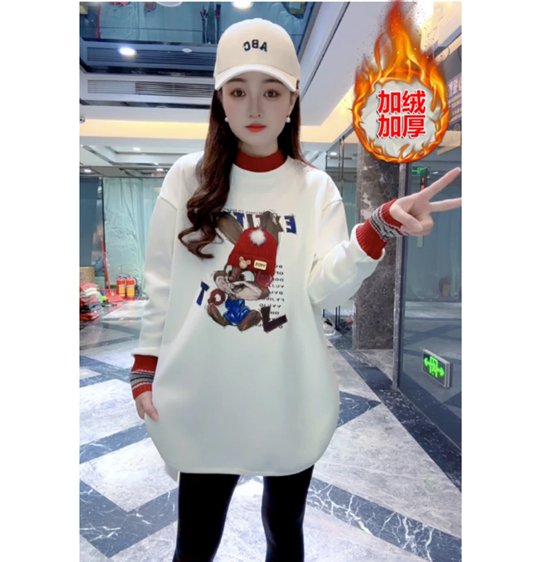 秋冬24弧形开叉中长款T恤女针织袖加绒兔八哥图案遮屁股打底上衣