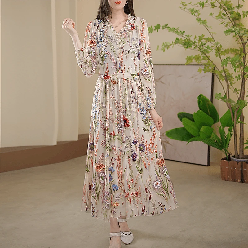 春夏款女装长袖显瘦V 领印花收腰时尚气质中长款连衣裙