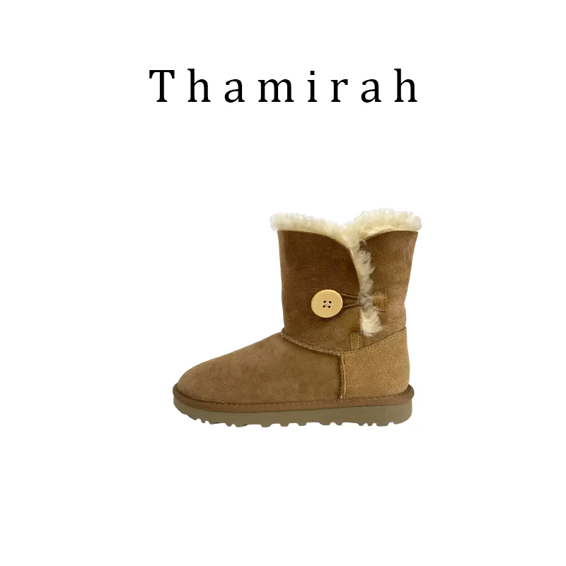 （冬日福利）桑坡女新款羊皮毛一体中筒一粒扣雪地靴冬季保暖两穿