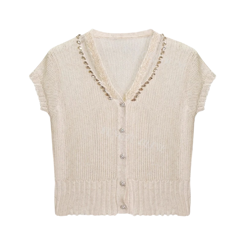 AQY00333 夏季轻奢风串钻设计感V领小飞袖针织衫