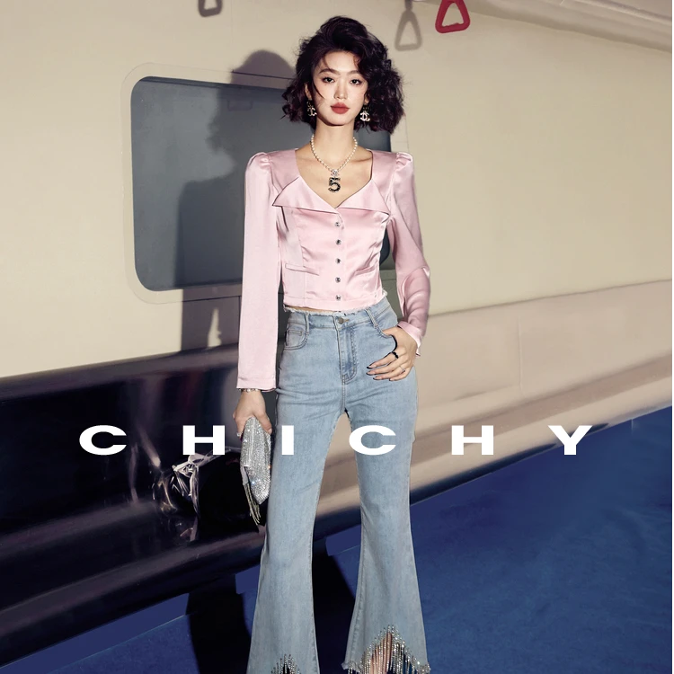 【诗语专属】CHICHY千金风洋气缎面衬衫CC1E002241