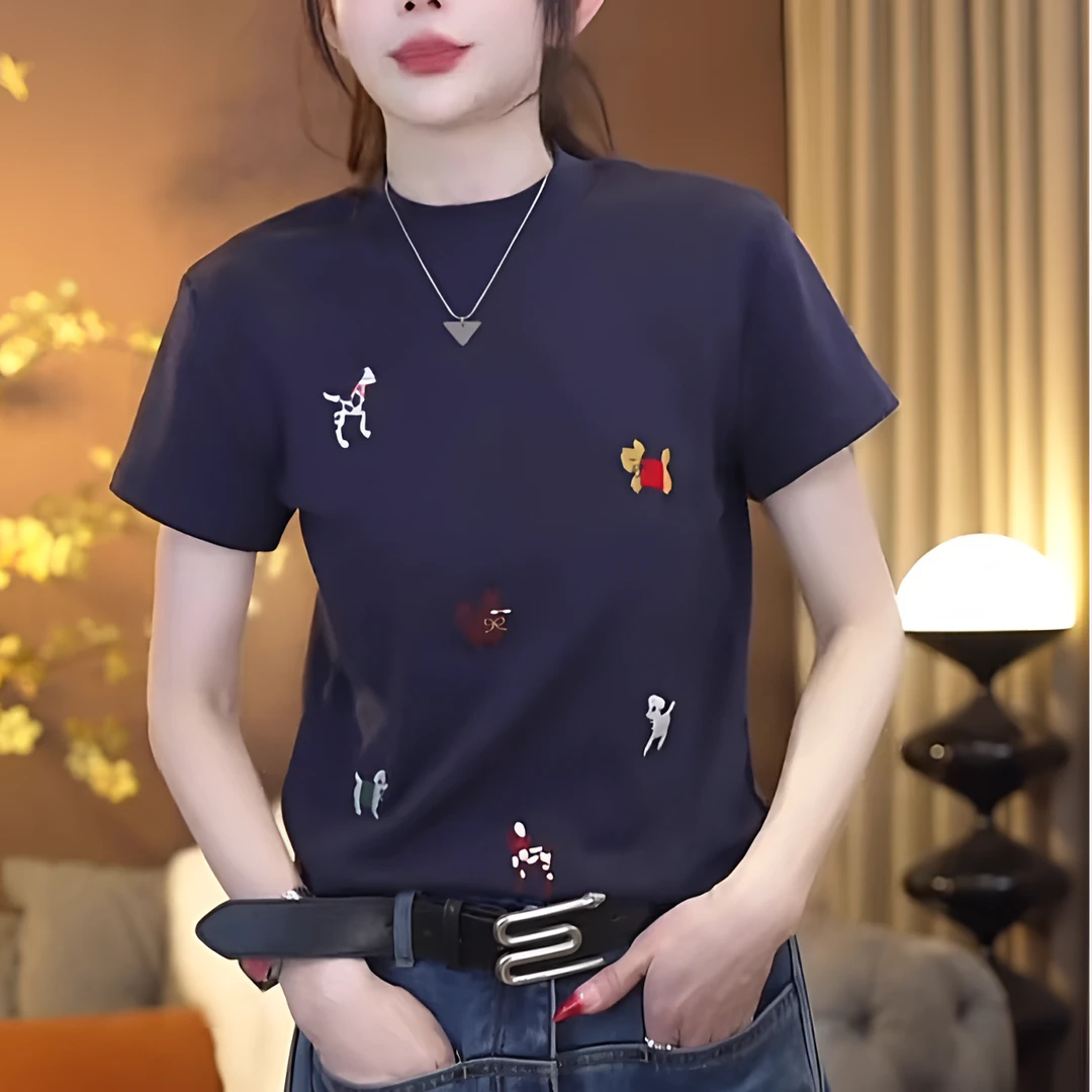 纯棉重工卡通刺绣圆领短袖T恤女2025夏季新款时尚潮流洋气休闲装