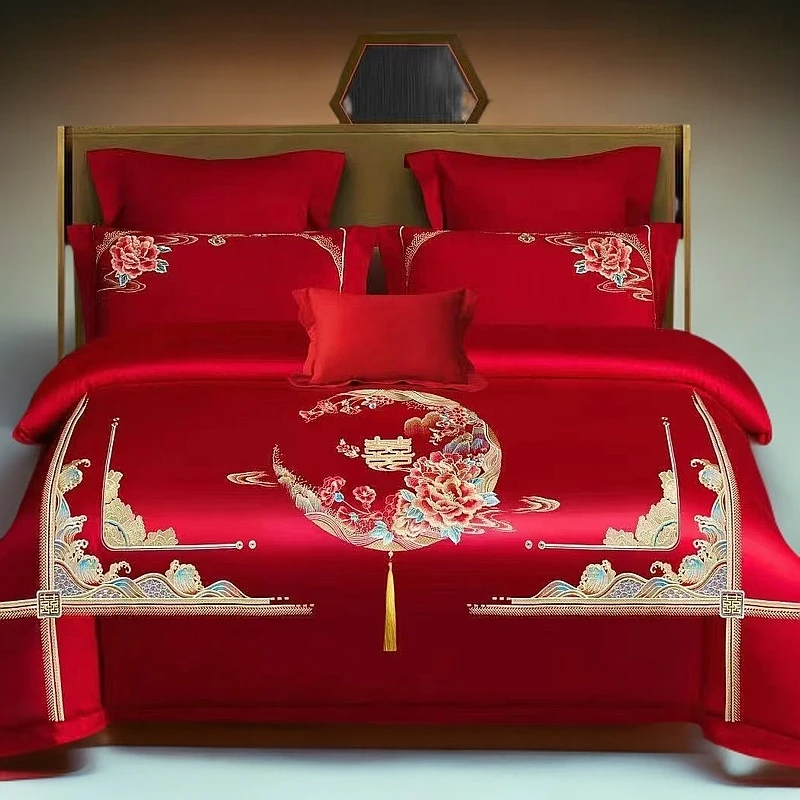 大红色120织长绒棉绣花中式结婚婚庆四件套