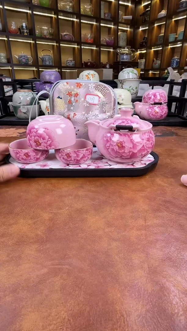 .新款粉色牡丹宝瓶+长方粉色花朵盘