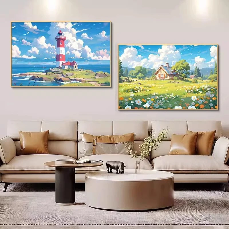 民宿挂画宫崎骏装饰画客厅沙发背景墙蓝天白云动漫卧室床头挂画