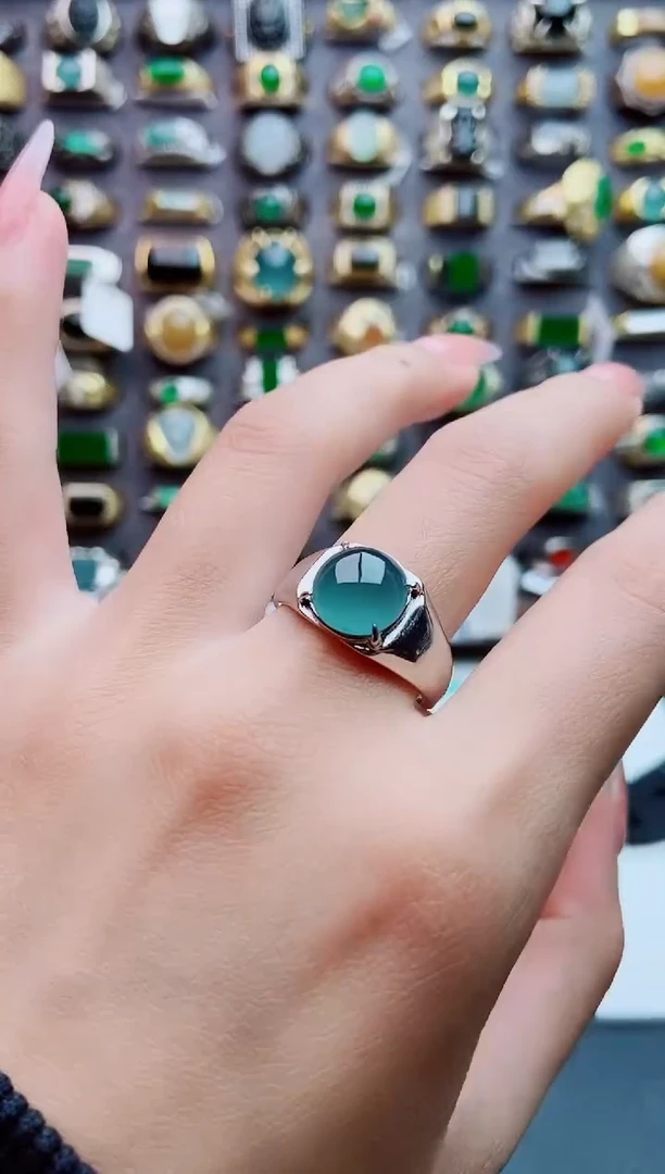 银S925镶嵌戒指翡翠天然翡翠男戒