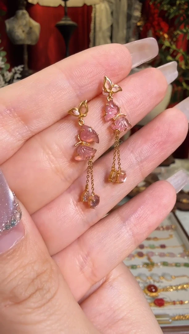 【闪购商品】碧玺耳饰18K金镶嵌满钻粉蝴蝶流苏耳坠