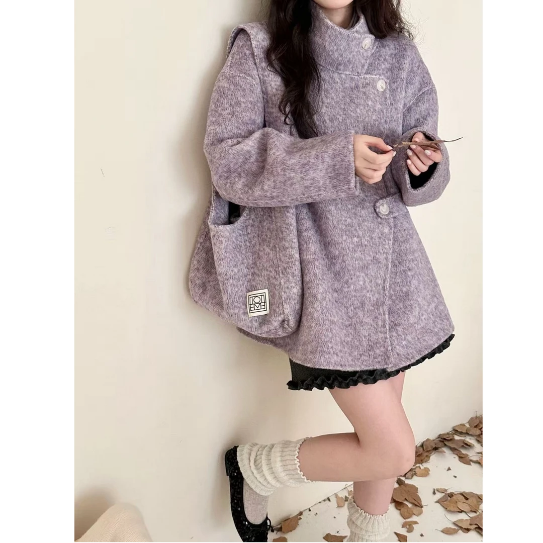 小个子短款鱼鳞纹新款羊毛大衣韩系立领包包宽松显瘦气质毛呢外套