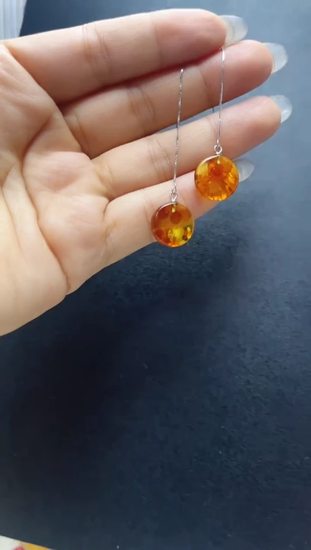 银S925镶嵌琥珀裸石花珀耳线