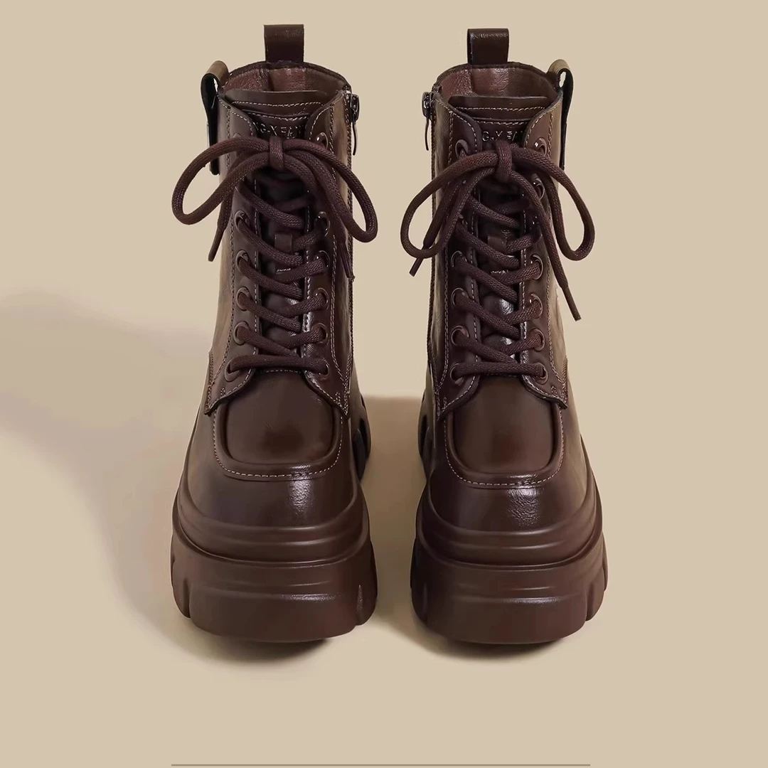 2025秋冬季新款厚底马丁靴女棕色高帮英伦小皮鞋系带松糕骑士短靴