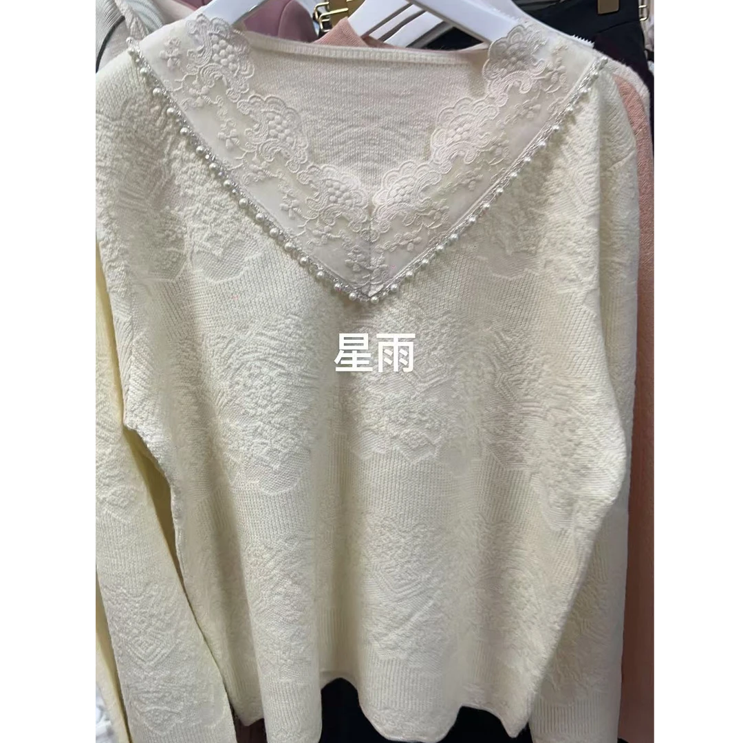 【蜜客原创】高级感日系钉珠蕾丝拼接V领针织软糯毛衫2501M000184