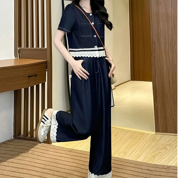 蕾丝花边拼接设计感牛仔两件套女夏季时尚显瘦宽松直筒阔腿套装