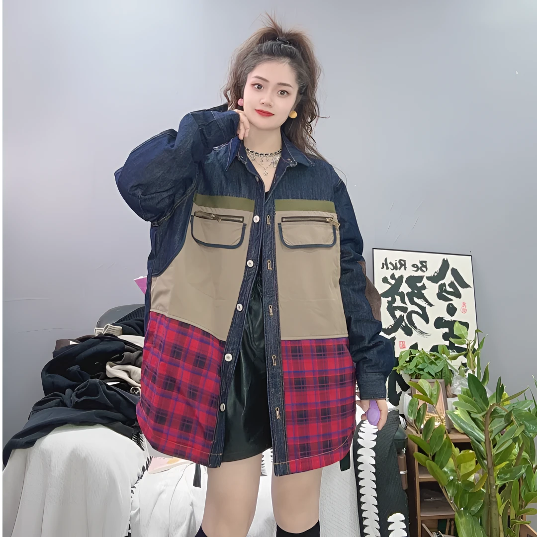LY家760-2#水冬季格子牛仔拼接翻领YUROGN休闲百搭宽松外套上衣