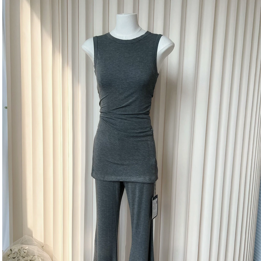 纯欲辣妹风复古修身显瘦背心套装夏季小众设计感高腰紧身开叉长裤