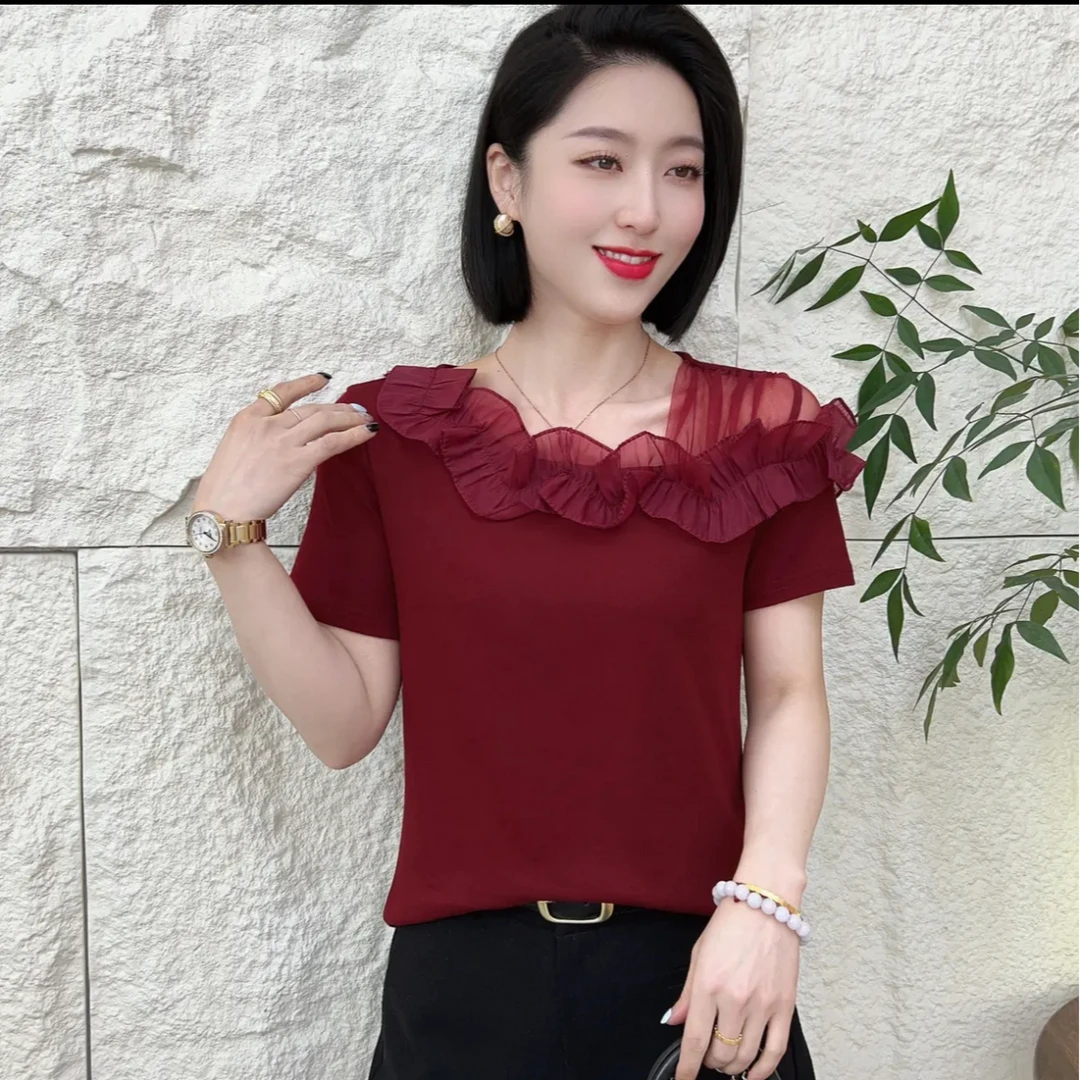 2526夏季不规则百搭洋气设计漏肩显瘦女士荷叶边气质时尚短袖T恤