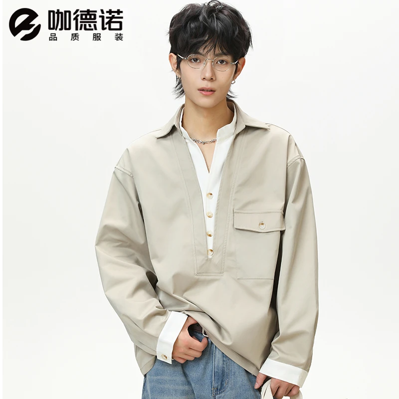 2025夏季新款老钱风痞帅拼接衬衣男士假两件撞色宽松休闲长袖衬衫