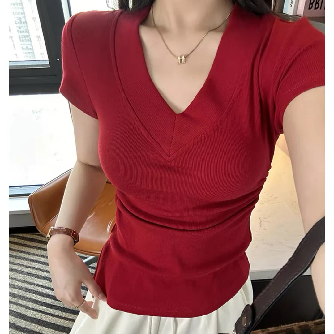 欧美港味ins纯欲辣妹v领掐腰百搭开叉短袖T恤女显瘦大码洋气小衫