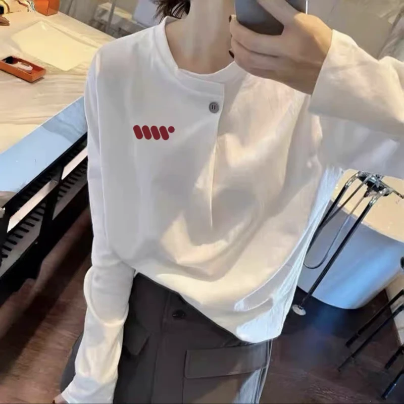 2025春秋季新款韩版纯棉一粒扣白色长袖T恤女宽松极简风内搭上衣