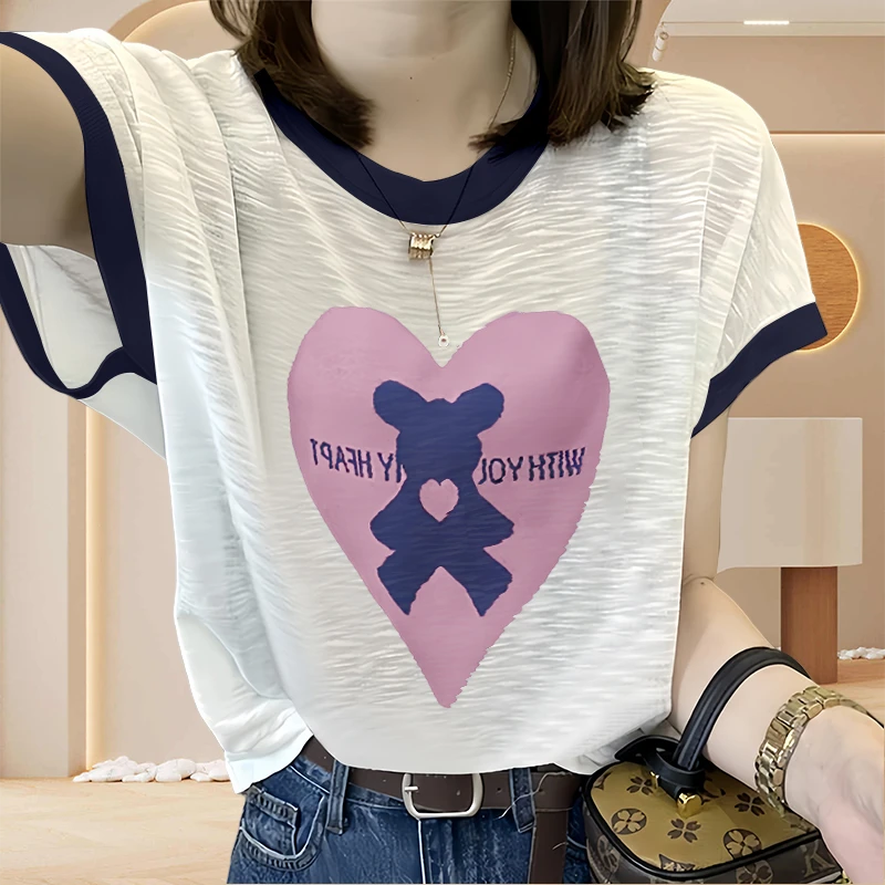 竹节棉韩版爱心印花短袖t恤小个子精致上衣短袖女款爆款2025新款