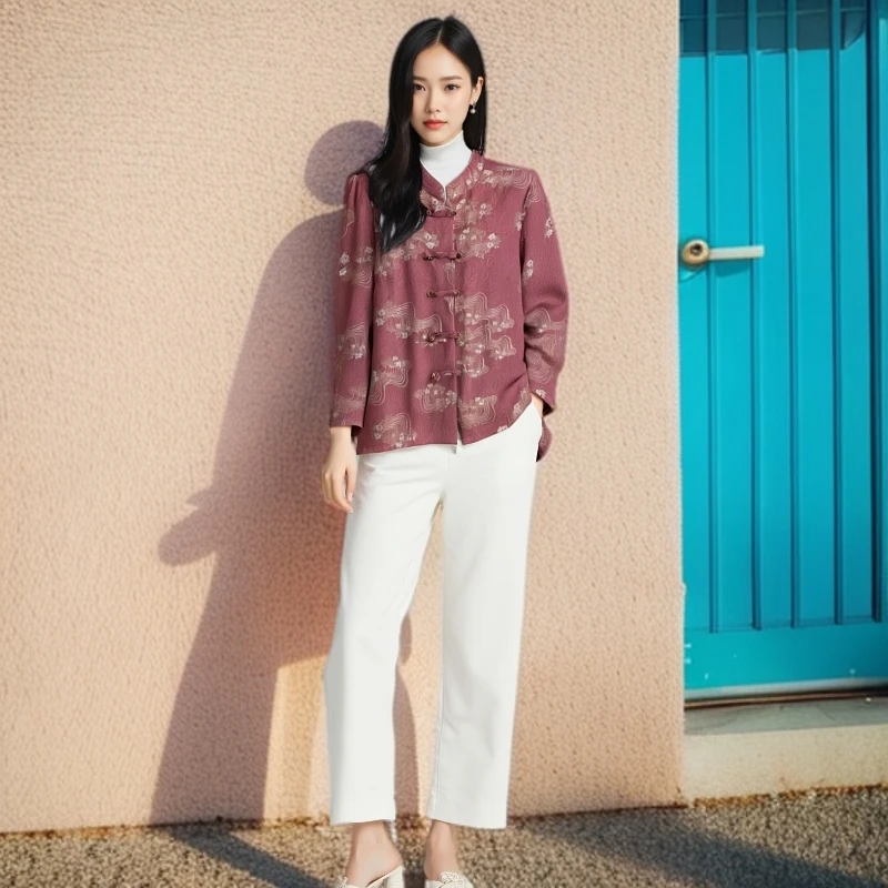 【鎏金红】纽扣薄款中式常规中国风衬衫中老年女装