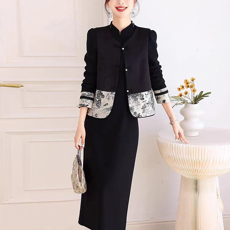 新中式国风套装女春季新款复古盘扣水墨连衣裙马甲时尚两件套T835