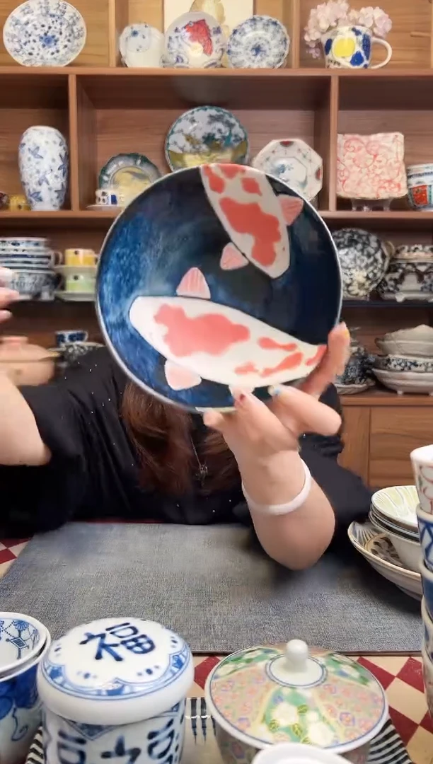 瓷片仁峰锦鲤14.5cm浅钵碗