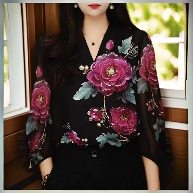 【牡丹花】七分袖V领显瘦小衫~新款高端定位印花气质百搭女衬衣2160