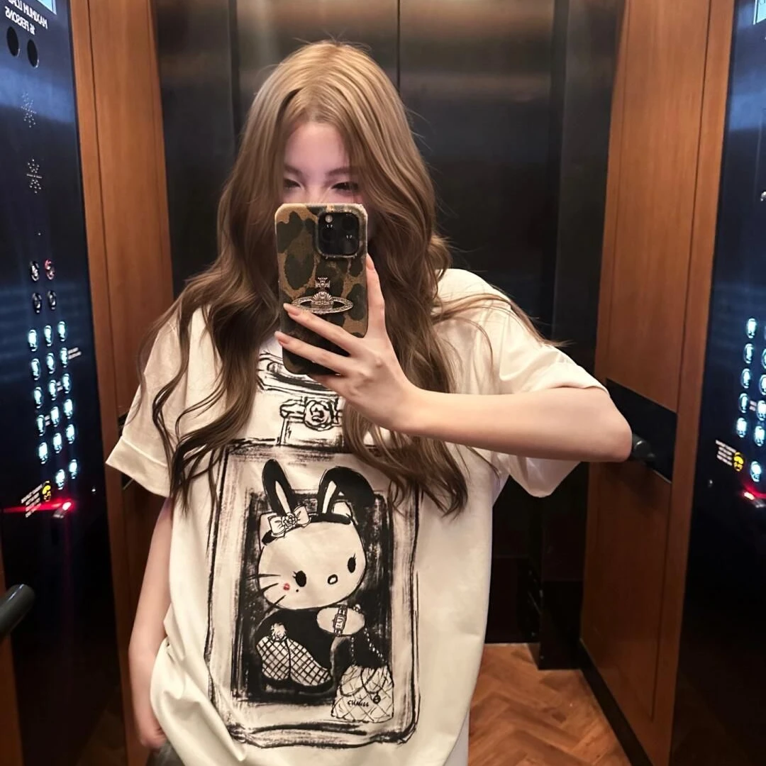 现货】小众香香兔女郎卡通印花休闲百搭宽松舒适短袖T恤上衣 80253