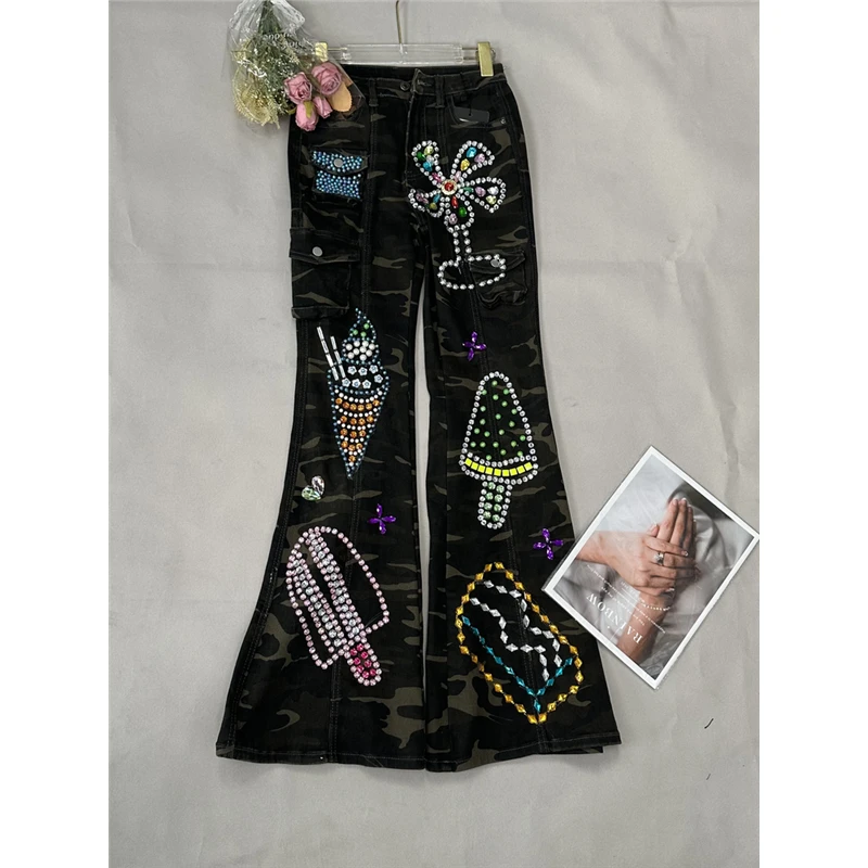 MM0195 连卡佛原创设计师手工刺绣亮片卡通减龄迷彩喇叭牛仔裤