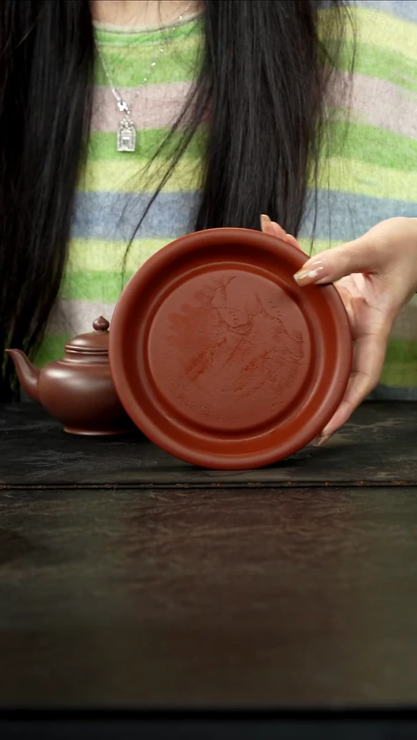 茶壶紫砂朱泥刻绘山水壶承