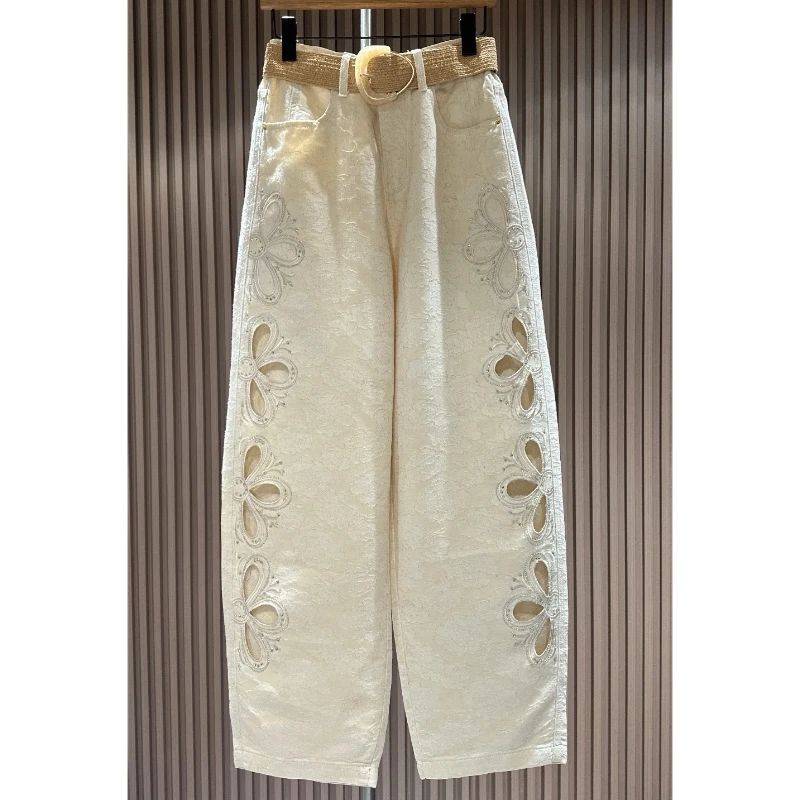 2025高腰夏季裤子长裤杏色绣花镂空薄款牛仔裤百搭复古弯刀直筒裤