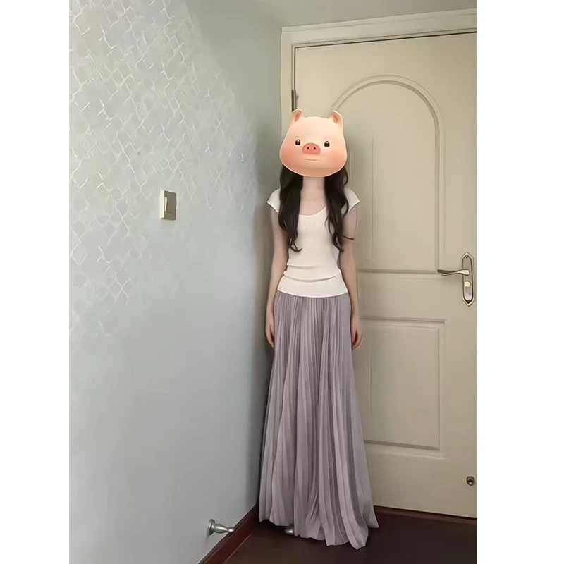 紫色压褶肌理感半身裙女春夏中长款松紧腰显瘦大裙摆百褶裙a字裙