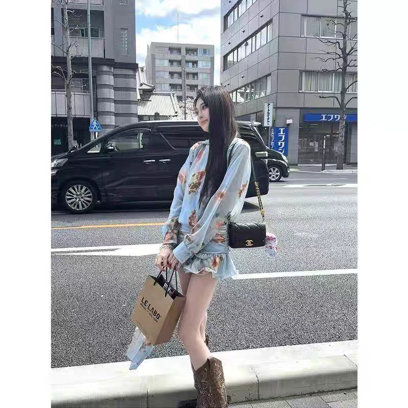 pinkmoon||日系蓝色碎花领雪纺连衣裙女夏季短质收字裙荷叶腰边