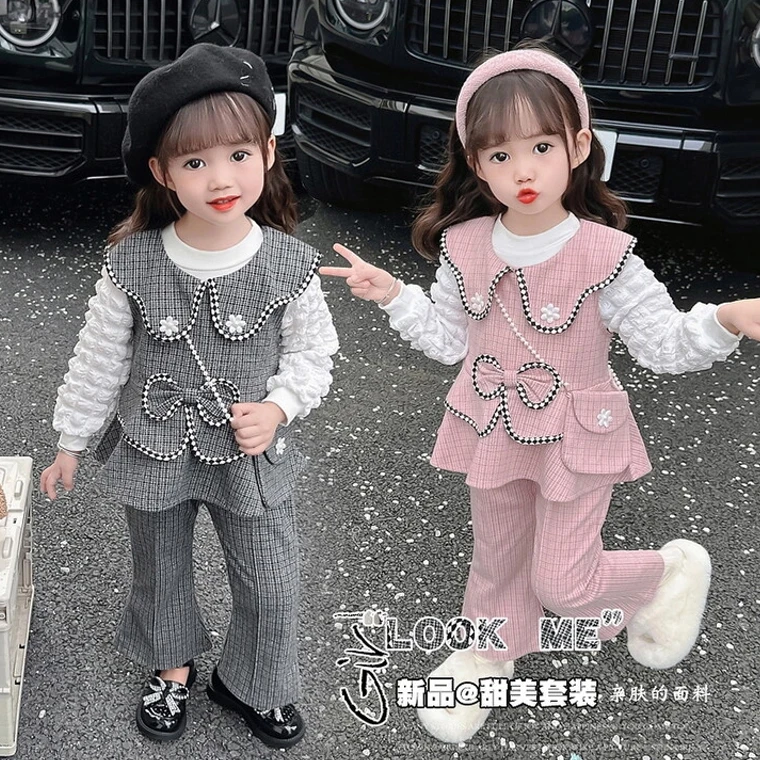 女童春秋套装春季新款女宝时尚洋气长袖小香风三件套送包包