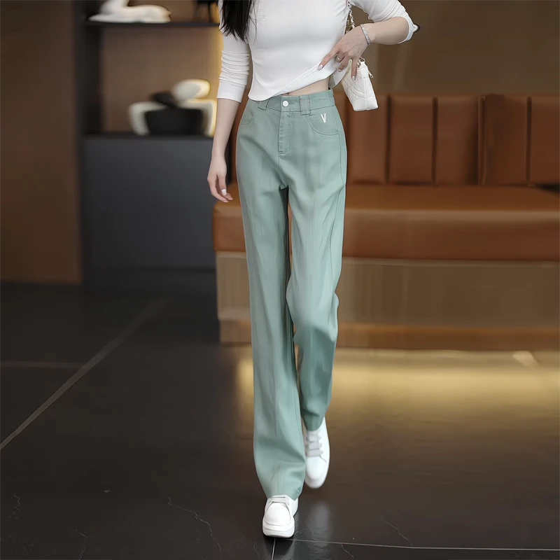 绿色天丝亚麻休闲直筒裤女2025年夏季新款高腰显瘦薄款阔腿裤裤子