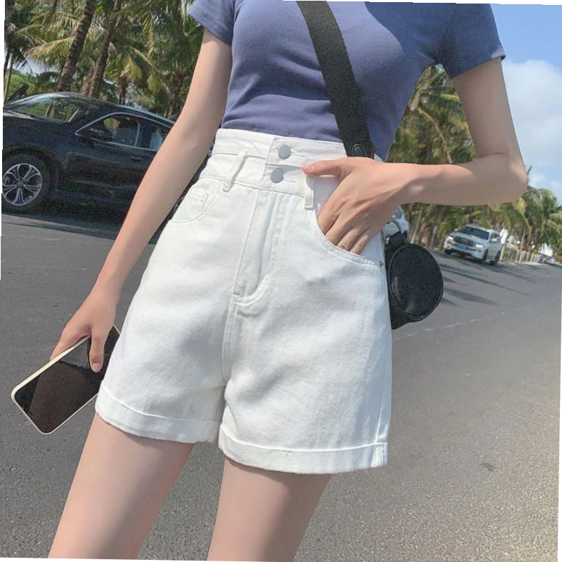 白色宽松仔短裤女夏季高腰双扣a字卷边