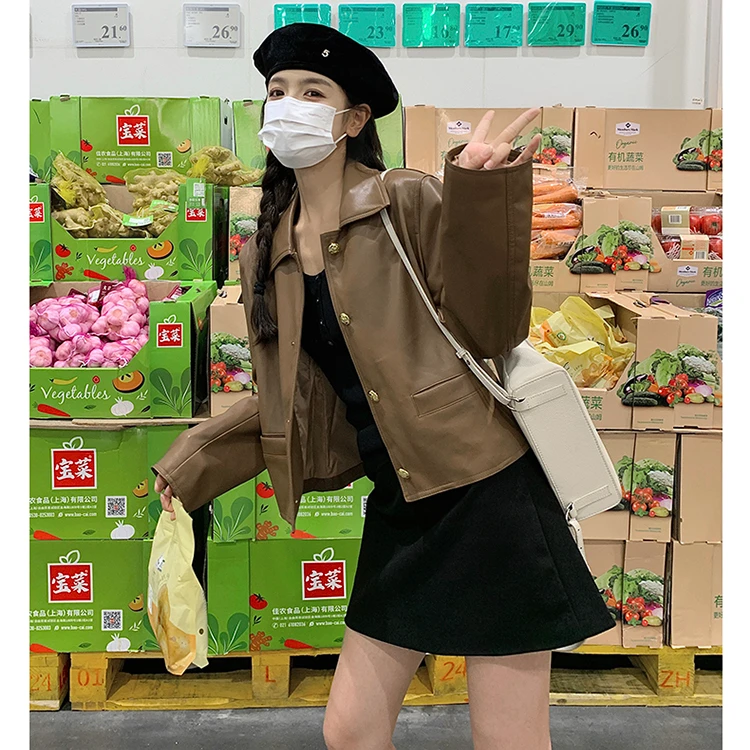 又酷又飒黑色翻领皮衣外套女春季2025新款美式复古小个子短款夹克