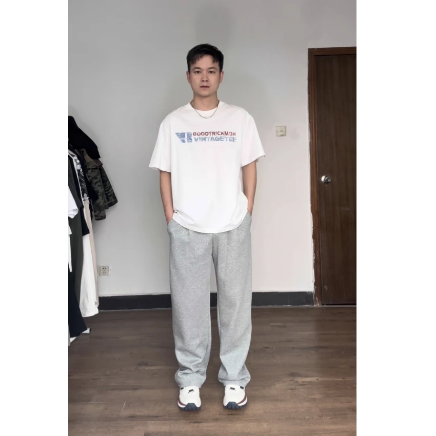 方向的向 夏季新款 100棉白色简约T恤+灰色直筒休闲卫裤