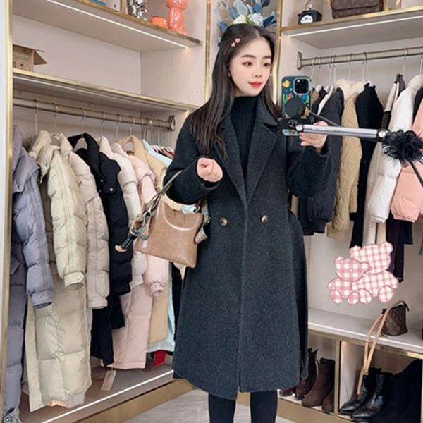 小个子专属定制外套 百搭双面中长款女大衣双排扣系带修身羊毛