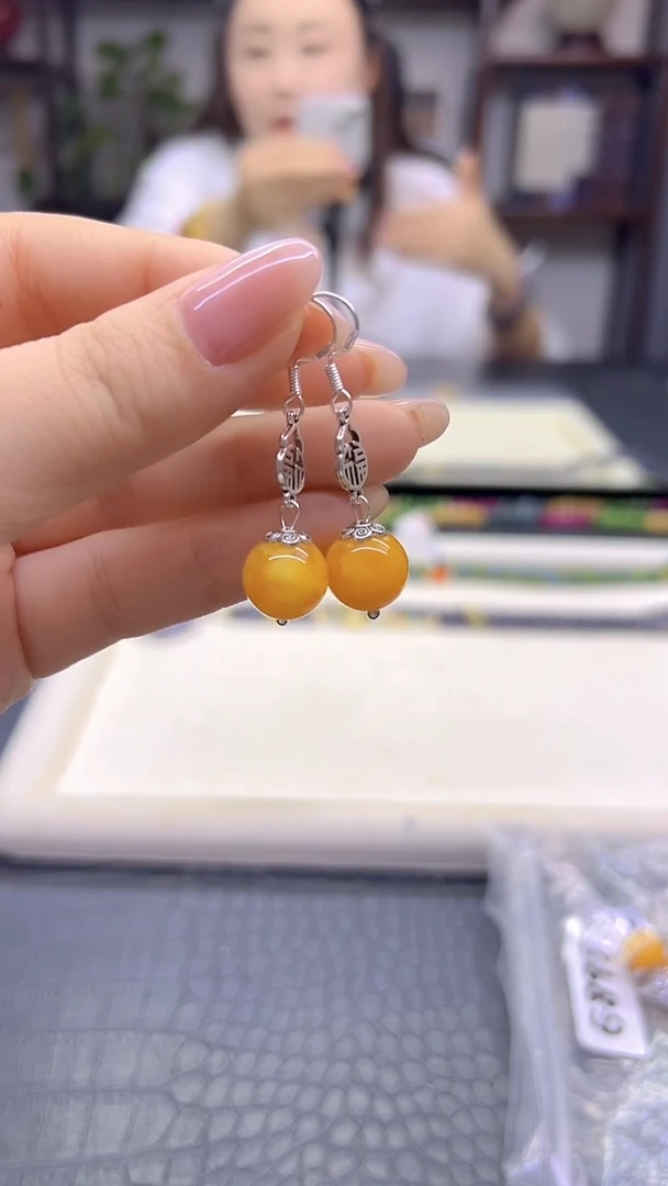 蜜蜡银S925镶嵌耳饰DIY款E898