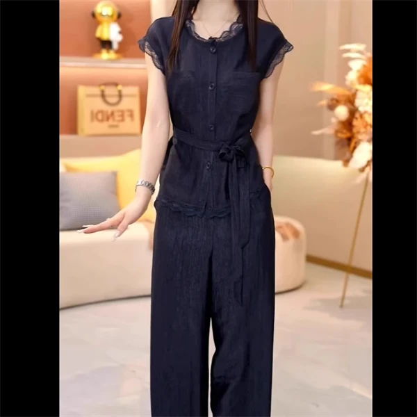 A3009新款时尚休闲套装女2025夏季气质显瘦绑带上衣阔腿裤两件套