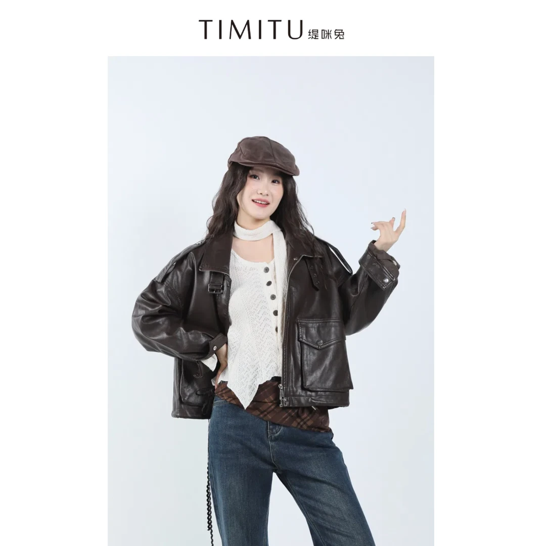 TIMITU缇咪兔巴恩风复古美拉德夹克皮衣短款外套34324012